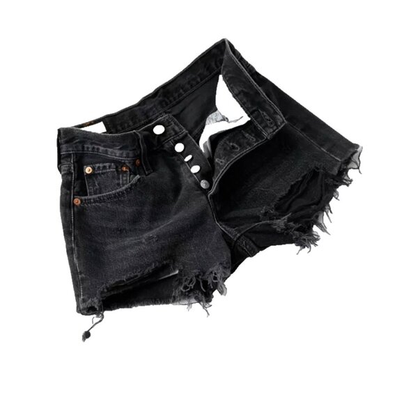 Levi's 501 Cut Off Denim Shorts Womens 24 Black Button Fly High Rise Raw Hem - Picture 4 of 13